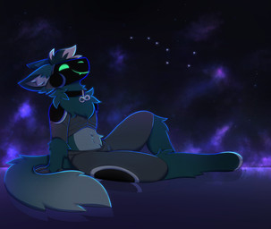 anthro arm_support collar fur green_body green_fur hair inner_ear_fluff looking_up machine male markings night outside protogen_armor protogen_visor short_hair sitting sky smile solo tail tuft white_markings appliei protogen 2023 colored digital_drawing_(artwork) digital_media_(artwork) hi_res shaded