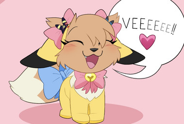 accessory blush bow_ribbon bow_tie brown_body clothing eyes_closed female feral furgonomics happy heart_after_text heart_symbol onesie open_mouth open_smile pokemon_speak ribbons simple_background smile solo tail tail_accessory tail_bow tail_ribbon text ittybittiestpawz nintendo pokemon gracie_(sweetcupcake) eevee generation_1_pokemon pokemon_(species)