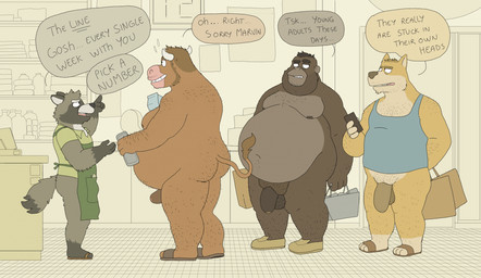 anthro apron balls belly big_belly brown_body casual_nudity clothing dialogue genitals grey_body group male moobs nipples overweight overweight_male penis shirt standing text topwear jeffpat ape canid canine canis domestic_dog gorilla haplorhine mammal primate procyonid raccoon 2025 english_text hi_res