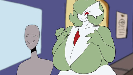 big_breasts biped breasts cleavage clothed clothing detailed_background duo female green_hair grey_body hair huge_breasts larger_female male not_furry outside sharp_teeth size_difference smaller_human smaller_male street teeth violence white_body mochimelted nintendo pokemon gardevoir generation_3_pokemon human humanoid mammal pokemon_(species) animated