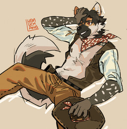 anthro biped black_body black_fur bottomwear brown_bottomwear brown_clothing brown_pants clothing cowboy cowboy_hat fur hat headgear headwear male muscular muscular_anthro muscular_male pants red_eyes red_scarf scarf solo white_body white_fur yellow_body yellow_fur hemuchang nintendo pokemon generation_3_pokemon pokemon_(species) poochyena 2023 hi_res