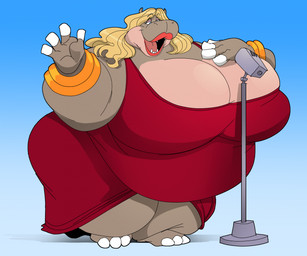 anthro belly big_belly big_breasts bracelet breasts cleavage clothed clothing dress electronics female hair huge_belly huge_breasts huge_hips huge_thighs jewelry lipstick long_hair makeup microphone open_mouth overweight overweight_anthro overweight_female solo thick_thighs wide_hips enrique_art ava_(testsubject410) common_hippopotamus hippopotamid mammal hi_res