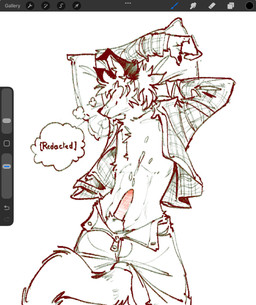 anthro balls blush bodily_fluids bottomwear bottomwear_down chest_tuft clothed clothing cum cum_on_chest cum_on_self drawing_program erection flannel_shirt floppy_ears genital_fluids genitals hair head_on_pillow lying male on_back pants pants_down partially_clothed penis pillow redacted_text skinny_anthro skinny_male solo tail tail_between_legs thought_bubble tuft user_interface serpent_x canid canine fox mammal hi_res sketch