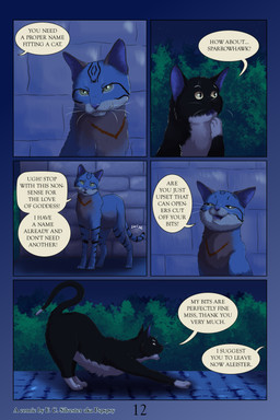 annoyed dialogue female feral green_eyes hand_on_chin male night rooftop smug speech_bubble standing stretching swishing_tail tabby_fur text thinking whiskers pspspsy aleister_(pspspsy) felicia_(pspspsy) african_wildcat domestic_cat felid feline felis mammal tuxedo_cat wildcat 2:3 absurd_res comic english_text hi_res
