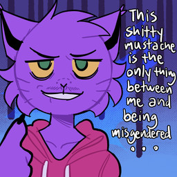 anthro blue_background clothing dotted_background fur grin looking_at_viewer male misgendering pattern_background purple_body purple_fur red_clothing red_sweater red_topwear relatable simple_background smile solo sweater text tired topwear whiskers katzun_(artist) katzun domestic_cat felid feline felis mammal 1:1 english_text hi_res trans_(lore)