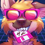 42 80's_theme anthro bite biting_object chest_tuft eyewear facing_forward floppy_disk fur glasses item_in_mouth male male_anthro multicolored_body object_in_mouth orange_body orange_fur sharp_teeth smile solo sun sunglasses synthwave teeth tuft vaporwave fluffydisk42 canid canine mammal maned_wolf 1:1 2020 compression_artifacts digital_drawing_(artwork) digital_media_(artwork) headshot_portrait icon portrait shaded