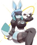 2024 absurd_res anthro anthrofied arm_support big_breasts black_clothing black_legwear black_thigh_highs blue_body blue_eyes blue_sclera blue_skin breasts cleavage cleavage_cutout clothed clothing cosplay crossed_legs crossover crossover_cosplay cutout digital_drawing_(artwork) digital_media_(artwork) eeveelution female flexing flexing_bicep game_freak generation_4_pokemon glaceon hi_res legwear looking_at_viewer mammal multicolored_clothing nier_automata nintendo oreon_smol platinumgames pokemon pokemon_(species) pokemorph portrait simple_background sitting solo tail thick_thighs thigh_highs three-quarter_portrait two_tone_clothing white_background white_clothing wide_hips yorha_2b