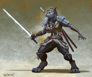 anthro armor belt big_breasts breasts cosplay digitigrade female hair holding_melee_weapon holding_object holding_sword holding_weapon medallion melee_weapon potion scabbard scale_armor simple_background smile solo standing sword weapon vanharmontt blizzard_entertainment the_witcher warcraft geralt_of_rivia canid mammal werecanid werecreature worgen 2022 absurd_res digital_media_(artwork) hi_res