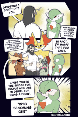 anthro beard big_breasts blush breasts brown_body brown_fur clothed clothing dialogue facial_hair female female_anthro fur green_body green_fur green_hair grey_hair group hair inner_ear_fluff male nude profanity red_body red_eyes red_fur small_breasts speech_bubble text tuft white_body yellow_body yellow_fur the_man nintendo pokemon the_man_(character) canid canine delphox felid feline gardevoir generation_3_pokemon generation_4_pokemon generation_6_pokemon generation_9_pokemon human humanoid lagomorph lopunny mammal meowscarada pokemon_(species) 2026 absurd_res comic english_text hi_res