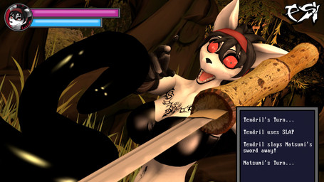anthro big_breasts black_clothing black_hair black_latex black_topwear bottomwear breasts brown_bottomwear brown_clothing brown_pants chest_tattoo clothed clothed_anthro clothed_female clothing female forest freckled_face freckles fur gameplay_mechanics gui hair health_bar latex latex_tentacles melee_weapon pants plant red_sclera shocked solo sword tattoo text topwear tree weapon white_body white_fur psikokinetic warfaremachine_(modeler) natsumi_mercier canid canine demon fox mammal 16:9 2024 3d_(artwork) 4k absurd_res digital_media_(artwork) english_text hi_res source_filmmaker_(artwork) widescreen
