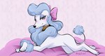 accessory bed bedding bedroom_eyes blanket blush bow_ribbon female feral furniture hair_accessory hair_bow hair_ribbon narrowed_eyes ribbons seductive solo victory_rolls sketchygarden disney oliver_and_company georgette_(disney) canid canine canis domestic_dog mammal poodle hi_res