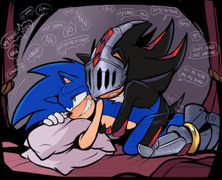 anthro armor bed bedroom_eyes bodily_fluids dialogue drooling duo from_behind_position furniture heart_symbol holding_object holding_pillow hug hugging_another hugging_from_behind kneeling kneeling_sex male male/male male_penetrated male_penetrating male_penetrating_male narrowed_eyes on_bed penetration pillow praise saliva seductive sex smile speech_bubble tail text thrust_lines shaddycatz sega sonic_and_the_black_knight sonic_storybook_series sonic_the_hedgehog_(series) shadow_the_hedgehog sir_lancelot_(sonic_and_the_black_knight) sonic_the_hedgehog eulipotyphlan hedgehog mammal 2024 english_text hi_res