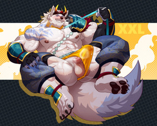 abs anthro asian_clothing balls biceps black_nose bulge clothed clothing collar east_asian_clothing erection fundoshi fur genitals japanese_clothing leash male muscular muscular_anthro muscular_male nipples pecs penis smile solo tail teeth underwear vein veiny_muscles kusunagi xxl_woofia kumoyama canid canine canis mammal wolf hi_res