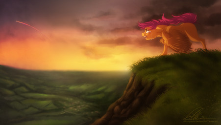 bodily_fluids cloud crying duo feathered_wings feathers female feral field flying grass hair hooves orange_body orange_feathers outside plant purple_hair rainbow sky solo_focus sun sunset tears town upset valley wings dvixie friendship_is_magic hasbro my_little_pony mythology rainbow_dash_(mlp) scootaloo_(mlp) equid equine mammal mythological_creature mythological_equine pegasus 2013
