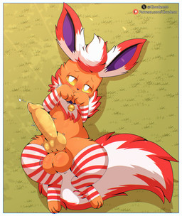 balls bell bell_collar big_balls big_penis big_tail blush blush_lines bodily_fluids candy clothing collar covering covering_self dessert dripping embarrassed erection feral fluffy food freckled_face freckled_legs freckled_thighs freckles fur genital_fluids genitals knot legwear lying male on_back orange_body orange_fur penis peppermint_(candy) precum precum_drip shy small_but_hung solo stockings tail throbbing throbbing_penis yellow_eyes cloudeon nintendo pokemon pepper_flareon eeveelution flareon generation_1_pokemon pokemon_(species) absurd_res hi_res huge_filesize