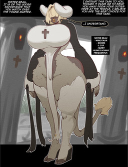 2_horns big_breasts biped black_clothing blonde_hair breasts christian_cross christian_symbol clothed clothed_female clothed_humanoid clothing cross detailed_background dialogue female hair hair_over_eyes horn huge_breasts legwear lips lipstick makeup nun nun_outfit religion religious_symbol solo speech_bubble standing tail tail_tuft text thick_lips thick_thighs thigh_highs tuft wedge_(footwear) white_clothing white_legwear white_thigh_highs wide_hips yellow_lipstick thevarking christianity european_mythology greek_mythology mythology beau_(thevarking) animal_humanoid bovid bovine humanoid mammal minotaur 2025 english_text hi_res