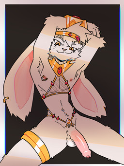anthro arm_tuft balls barbell_piercing bedroom_eyes bracelet clothing collar crown ear_piercing ear_ring elbow_tuft erection fishnet_clothing fishnet_topwear foreskin fur genitals gold_(metal) gold_bracelet gold_collar gold_ear_ring gold_jewelry gold_legband gold_tiara hair half-closed_eyes headgear humanoid_genitalia humanoid_penis jewelry male metal_collar narrowed_eyes nipple_barbell nipple_piercing nipples penis piercing ring_piercing royalty seductive smile smirk smug smug_face solo tiara topwear tuft waist_accessory white_body white_fur white_hair xing1 king_caspian_(xing1) lagomorph leporid mammal rabbit absurd_res hi_res