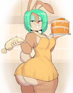 anthro big_butt biped breasts buckteeth butt cake carrot clothed clothing dessert dress eyelashe eyeshadow female food fur green_hair hair half-closed_eyes holding_object looking_at_viewer makeup narrowed_eyes plant pupils scut_tail short_tail solo tail tan_body tan_fur teeth thick_thighs vegetable whiskers wide_hips yellow_clothing yellow_dress usnarbit sylvie_bunny lagomorph leporid mammal rabbit 2024 hi_res