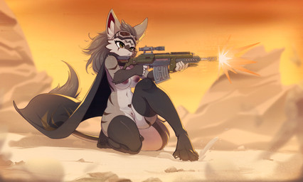 anthro breasts clothing desert female legwear shooting solo stockings tail weapon mediocre_peach