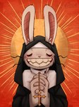 4_fingers anthro blush blush_lines clothed clothing cross cross_necklace eyes_closed facial_tuft fingers fur inner_ear_fluff jewelry male necklace nun_habit nun_outfit praying religious_clothing sharp_teeth simple_background smile solo teeth tuft white_body eldimkas sam_and_max max_(sam_and_max) lagomorph leporid mammal rabbit hi_res