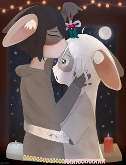 anthro arm_tattoo brown_hair candle candlelight duo ears_down female forehead_kiss fur green_eyes hair hand_on_cheek holidays hug kemono kissing light lights male mistletoe moon pivoted_ears plant raised_hand snow tattoo white_body white_fur white_hair window winter glimfox christmas new_year kisa_(nervous_lotus) shizu_(glimfox) felid feline hare hybrid lagomorph leporid mammal rabbit absurd_res hi_res