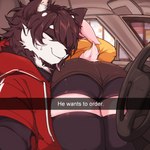 anthro car car_interior duo femboy inside_car inside_vehicle male male/male ordering_food vehicle l3landbunny7 he_wants_to_order canid canine canis domestic_dog lagomorph leporid mammal rabbit shiba_inu spitz 1:1 absurd_res hi_res meme