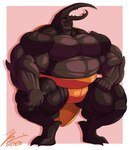 anthro asian_clothing big_muscles black_body blue_eyes clothing crouching east_asian_clothing hand_on_leg insect_wings japanese_clothing male mawashi musclegut muscular muscular_anthro muscular_male orange_clothing pecs simple_background solo sumo wings wrestler yongdasom arthropod beetle hercules_beetle insect rhinoceros_beetle scarabaeid 2018