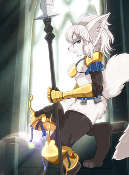 5_fingers anthro armor armwear big_butt black_armwear black_clothing black_legwear black_nose black_stockings blue_eyes breasts butt clothed clothing crouching detailed_background female fingers frown fur gloves hair handwear holding_melee_weapon holding_object holding_polearm holding_spear holding_weapon inner_ear_fluff inside legwear looking_at_viewer melee_weapon polearm pose side_boob side_view skimpy solo spear stockings thick_thighs tuft weapon white_body white_fur white_hair white_inner_ear yellow_armwear yellow_clothing yellow_gloves yellow_handwear kosaburou_(artist) unicorn_overlord vanillaware dinah_(unicorn_overlord) canid canine fox mammal 2024 absurd_res hi_res