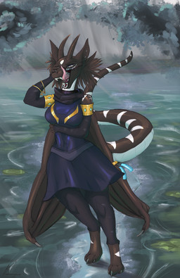 3_toes anthro clothed clothing detailed_background eyewear fangs feet female glasses gold_(metal) gold_jewelry jewelry legwear long_tongue looking_at_viewer open_mouth solo standing stockings teeth toes tongue wings kamisagawa mythology valery_(sovietwind) dragon mythological_creature mythological_scalie scalie absurd_res hi_res