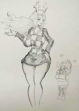 anthro antlers big_breasts bottomwear breasts buckteeth camera clothing curvy_figure duo eyelashes female fingers freckles hair hand_on_hip hand_on_own_hip heart_symbol horn hourglass_figure inner_ear_fluff long_hair looking_at_viewer male short_hair skirt small_waist smile teeth thick_thighs tuft voluptuous wide_hips pikapika212 deltarune undertale_(series) kris_dreemurr noelle_holiday deer human mammal new_world_deer reindeer 2023 absurd_res black_and_white hi_res monochrome sketch traditional_media_(artwork)