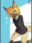 2022 anthro balls barely_visible_balls barely_visible_genitalia black_bars blep blonde_hair blue_eyes blush bottomless bottomless_anthro bottomless_male brown_body brown_fur clothed clothing cute_fangs english_text fangs fur genitals hair hands_behind_back heart_symbol hi_res hoodie hyena looking_at_viewer luxuria male male_anthro mammal rareel shaded short_hair solo spotted_hyena teeth text tongue tongue_out topwear