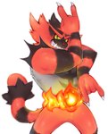 5_fingers ambiguous_gender anthro biped black_body black_fur claws finger_claws fingers fire fur generation_7_pokemon gesture green_eyes grey_body grey_fur grin incineroar jojo's_bizarre_adventure jojo_pose looking_at_viewer nintendo nude pokemon pokemon_(species) red_body red_fur sharp_teeth simple_background smile solo teeth tesazombie white_background yellow_sclera