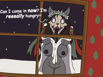 anthro bell belly black_hair bone breasts clothed clothing clothing_lift detailed_background dialogue dress exposed_breasts female flower flower_crown fur genitals glass glowing glowing_eyes grey_body hair highlights_(coloring) holidays kinkmas long_hair long_tongue looking_at_viewer nipples nude plant pointy_ears purple_nipples purple_tongue ribbons robe sharp_teeth skull skull_head smile snow snowflake snowing solo teeth text thick_thighs tongue tongue_out window slightlyarousedguy christmas scp_foundation mari_lwyd scp-1471-a canid canine malo mammal 2025 4:3 digital_media_(artwork) english_text hi_res shaded signature