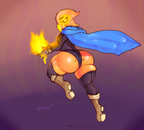 big_butt black_sclera blue_cape blue_clothing boots butt cape clothing elemental_manipulation female fire fire_manipulation footwear gloves handwear looking_at_viewer looking_back looking_back_at_viewer magic magic_user orange_body rear_view shoes solo tentacles thick_thighs yellow_eyes sirphilliam illia_(sirphilliam) animal_humanoid aquatic aquatic_humanoid cephalopod cephalopod_humanoid humanoid mind_flayer mollusk mollusk_humanoid squid_humanoid