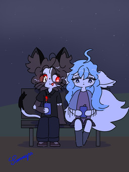 adolescent anthro bench beverage beverage_can big_tail black_clothing black_ears black_tail_tip black_topwear blue_bottomwear blue_clothing blue_hair blue_pants bodily_fluids bottomwear brown_body brown_fur brown_hair brown_inner_ear_fluff clothed clothing collared_shirt dipstick_tail dress duo facial_markings featureless_hands female footwear fully_clothed fur gloves_(marking) glowing glowing_eyes glowing_tongue grey_clothing grey_footwear grey_socks hair head_markings holding_beverage holding_object inner_ear_fluff long_hair looking_at_another male markings multicolored_body multicolored_fur night open_mouth outside pants polo_shirt purple_clothing purple_dress shirt shoes sitting socks tail tail_markings tears tongue topwear tuft two_tone_body two_tone_fur white_body white_ears white_fur white_inner_ear_fluff white_tail young young_anthro young_female young_male conditional_dnp xammyxx kat_(xammyxx) keiko_(xammyxx) arctic_fox canid canine domestic_cat felid feline felis fox mammal true_fox 2026 3:4 digital_media_(artwork) hi_res ibispaint_(artwork) signature watermark