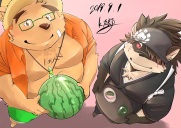 anthro barazoku belly beverage blush clothed clothing duo eyewear food fruit glasses hat headgear headwear humanoid_hands male melon moobs open_clothing open_shirt open_topwear overweight overweight_male plant robe scar shirt simple_background straw_hat topwear watermelon kawakyun1 lifewonders tokyo_afterschool_summoners shino_(tas) volos_(tas) bear canid canine canis domestic_dog mammal 2019 hi_res