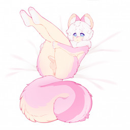 3_toes anthro anus balls bed bedding bedding_background butt feet femboy flaccid fluffy fluffy_tail foreskin fur furniture genitals hair inner_ear_fluff legs_up looking_at_viewer male nude on_bed pawpads paws penis penis_tuck pink_body pink_fur presenting presenting_hindquarters ruff simple_background small_penis solo tail tan_body tan_fur thick_thighs toes tuft katsucoffee mammal rodent 2023 digital_media_(artwork) hi_res