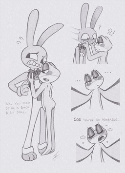 adjusting_tie ambiguous_gender annoyed anthro blush bodily_fluids bow_tie clothing dialogue duo ellipsis flustered flying_sweatdrops holding_face male male/ambiguous overalls question_mark sweat sweatdrop text lockerobster glitch_productions the_amazing_digital_circus jax_(tadc) ribbit_(tadc) amphibian frog lagomorph leporid mammal rabbit 2025 english_text hi_res monochrome traditional_media_(artwork)