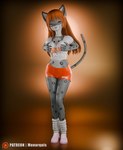 anthro big_breasts bottomwear breasts clothing female hair hooters_uniform red_hair shorts simple_background solo monarquis hooters momo_(monarquis) felid mammal pantherine snow_leopard 3d_(artwork) absurd_res digital_media_(artwork) hi_res