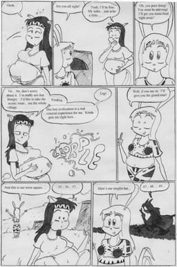 accessory anthro belly black_hair breasts burping cheek_bulge clothing digestion_noises female group hair hand_on_belly headband in_mouth midriff navel oral_vore outside overweight rumbling_stomach shirt silhouette silhouetted_body speech_bubble swallowing tail text topwear vore s.sakurai felid lagomorph mammal comic monochrome traditional_media_(artwork)