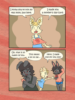 anthro black_eyebrows black_hair blonde_eyebrows blonde_hair blue_bottomwear blue_clothing blue_dress blue_shorts blush blush_lines bodily_fluids bottomwear breasts brown_stripes card cat_tail clothing confusion crying cute_fangs dialogue drawstring_hoodie dress ears_down eyebrows eyelashes eyes_closed fangs female flat_chested fur green_clothing green_shirt green_tank_top green_topwear grey_body grey_fur grey_tail group hair heart_clothing heart_panties heart_symbol heart_underwear holidays hoodie inner_ear_fluff male markings mother's_day_card open_mouth open_smile panties pink_clothing pink_hoodie pink_nose pink_topwear pivoted_ears red_eyes scratching_head scut_tail shirt short_tail shorts smile speech_bubble standing striped_body striped_fur striped_markings striped_tail stripes tail tail_markings tan_body tan_fur tan_tail tank_top tears tears_of_joy teary_eyes teeth text topwear trio tuft underwear young young_anthro young_female young_male bisonvega mother's_day bunny_boy_(bisonvega) cat_girl_(bisonvega) mom_bunny_(bisonvega) domestic_cat felid feline felis lagomorph leporid mammal rabbit 2026 3:4 comic english_text hi_res mother_(lore) mother_and_child_(lore) mother_and_son_(lore) parent_(lore) parent_and_child_(lore) parent_and_son_(lore) son_(lore)