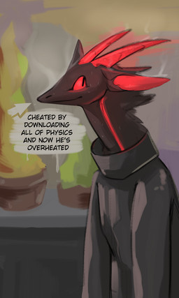 anthro black_body clothed clothing hair horn jacket machine male markings red_eyes red_horn red_markings red_sclera smile solo text topwear annoy annoy_(character) goo_creature robot unknown_species 2023 3:5 digital_media_(artwork) english_text hi_res