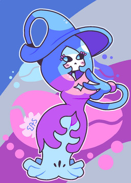 abstract_background black_sclera blue_eyes blue_hair blush blush_stickers clothing dress female hair long_hair not_furry pink_hair solo pinksauce64 nintendo pokemon generation_8_pokemon hatterene humanoid pokemon_(species) 2019 aliasing digital_media_(artwork) hi_res