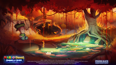 anthro blue_clothing blue_overalls clothed clothed_anthro clothed_male clothing eyes_closed flower forest fully_clothed fully_clothed_anthro fully_clothed_male fur glowing_water grass green_clothing green_hat green_headwear green_shirt green_topwear hand_on_leg hand_on_own_leg hat headgear headwear leaf light lily_(flower) lily_pad long_ears male male_anthro noseless outside overalls plant pond relaxing rock shirt sitting sitting_on_ground solo text title topwear tree vines water white_body white_fur year alice_pisoni mario_bros mario_plus_rabbids_kingdom_battle mario_plus_rabbids_sparks_of_hope nintendo raving_rabbids rayman_(series) ubisoft rabbid_luigi lagomorph mammal rabbid 16:9 2023 4k absurd_res adobe_photoshop_(artwork) artist_name colored crossover digital_drawing_(artwork) digital_media_(artwork) english_description english_text hi_res lighting official_art shaded widescreen
