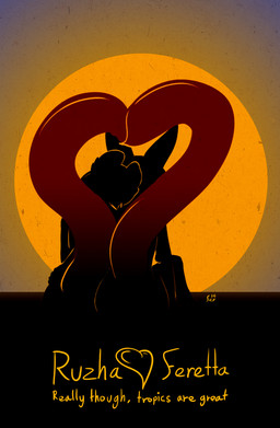 ambiguous_gender anthro duo heart_symbol romantic romantic_ambiance romantic_couple silhouette sunset text feretta feretta_(character) ruzha ailurid canid canine fox mammal red_fox red_panda silver_fox true_fox 2014 digital_media_(artwork) english_text