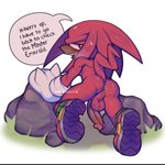 anthro anus balls blush brown_penis butt clothing dialogue footwear fur genitals gloves handwear humanoid_genitalia humanoid_penis looking_at_viewer looking_back male mostly_nude penis perineum red_body red_fur shoes solo text hpyononyo sega sonic_the_hedgehog_(series) knuckles_the_echidna echidna mammal monotreme 1:1 2023 absurd_res english_text hi_res