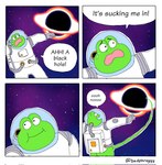 anthro black_hole dialogue genitals humor long_penis male penis space spacesuit badphroggy amphibian frog comic hi_res