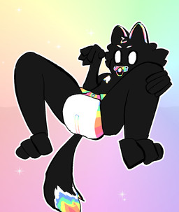ambiguous_gender anthro black_body black_fur clean_diaper clothed clothing diaper fur multicolored_body multicolored_fur object_in_mouth pacifier pacifier_in_mouth pixelated presenting rainbow_body rainbow_fur solo wearing_diaper wetness_indicator clowngang canid canine canis domestic_dog mammal hi_res