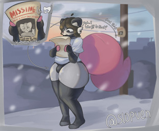 after_vore ambiguous_gender ambiguous_prey anthro anthro_pred anthro_prey black_clothing black_underwear brown_hair clothing collar dialogue fatal_vore femboy flyer_(pamphlet) grey_ears grey_thighs hair male male_pred missing_poster missing_prey outside pamphlet paper pink_hands pink_nose pink_tail post_digestion public shirt skull_symbol snow snowing solo tail text thick_thighs topwear underwear utility_pole vore weight_gain white_clothing white_shirt white_topwear winter serven serven_(character) american_opossum mammal marsupial virginia_opossum english_text hi_res signature
