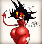 big_butt black_hair breasts butt female hair horn nude open_mouth open_smile red_body simple_background smile solo tail teeth thick_thighs yellow_sclera nsfwtheodore helluva_boss millie_(helluva_boss) demon demon_humanoid humanoid imp 2022 hi_res